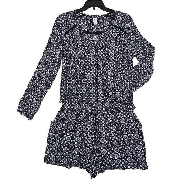 GAP ~Woman Size M~ Blue/White Floral Print Romper Long Sleeve Drawstring, Pocket - Picture 1 of 9